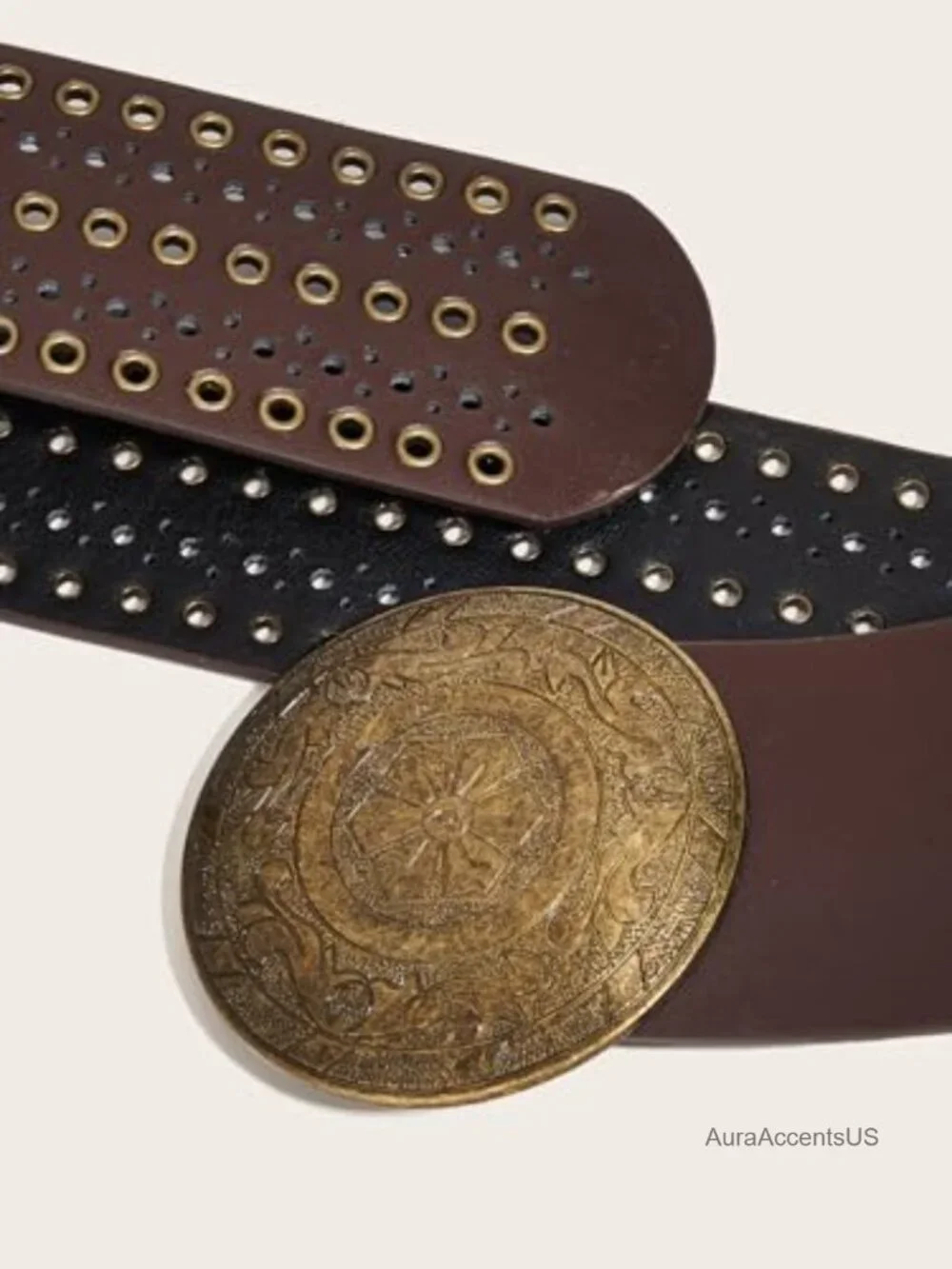 Women Boho Western PU-Leather Belt Floral Embossed Concho
